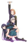  3girls :i amakusa_kotone arm_up asahina_iroha black_hair black_jacket black_shoes black_socks blazer blue_ribbon blue_skirt blush_stickers bow brown_hair cinderella_series closed_mouth commentary_request garukichi grey_hair gundam gundam_narrative hachigatsu_no_cinderella_nine hair_bow hair_ornament hairclip hand_on_another's_arm hand_on_another's_hip hand_on_another's_shoulder hand_on_another's_thigh highres holding holding_pen jacket jitome kneehighs long_hair meme multiple_girls narrative_formation neck_ribbon parody pen plaid_clothes plaid_skirt red_bow ribbon satogahama_school_uniform school_uniform shinonome_ryo shirt shoes short_hair simple_background skirt socks white_background white_shirt white_socks 