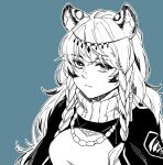  1girl animal_ear_fluff animal_ears arknights bead_necklace beads blue_background braid breasts cape circlet cloak closed_mouth commentary_request jewelry kjerag_logo long_hair looking_at_viewer medium_breasts monochrome necklace oga_(ogw175) pramanix_(arknights) side_braids simple_background snow_leopard_ears snow_leopard_girl snow_leopard_tail solo tail turtleneck twin_braids upper_body 
