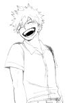  1boy :d ^_^ arms_at_sides bakugou_katsuki belt belt_buckle blush boku_no_hero_academia buckle buttons closed_eyes collarbone collared_shirt commentary dkyoudai dress_shirt eyebrows_hidden_by_hair facing_to_the_side greyscale hair_between_eyes happy horikoshi_kouhei_(style) male_focus monochrome official_style open_collar open_mouth plain_epaulettes school_uniform shirt shirt_tucked_in short_hair short_sideburns short_sleeves sideburns simple_background sketch smile solo spiked_hair summer_uniform turning_head u.a._school_uniform upper_body white_background wing_collar 
