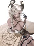  1girl azur_lane black_gloves black_horns blonde_hair braid breast_strap breasts choker cleavage dark-skinned_female dark_skin fishnet_sleeves fishnet_thighhighs fishnets gloves hair_over_one_eye half_gloves highres horn_ornament horns jewelry kasawoooo large_breasts large_horns long_hair looking_at_viewer mole mole_under_mouth owari_(azur_lane) smile solo thighhighs twin_braids yellow_eyes 