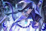  1girl arm_behind_back ass bilingual_commentary black_boots black_coat blue_hair boots building cityscape coat libero_art_studio long_hair midair mixed-language_commentary promeia_(zenless_zone_zero) purple_eyes skyscraper solo thighs very_long_hair zenless_zone_zero 