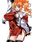  1girl absurdres arm_up bare_shoulders bebitan327 black_gloves black_thighhighs blue_eyes breasts commentary_request excellen_browning fingerless_gloves garter_straps gloves hair_between_eyes high_ponytail highres jacket jacket_partially_removed large_breasts long_hair long_sleeves looking_at_viewer miniskirt open_clothes open_jacket open_mouth orange_hair orange_skirt orange_vest ponytail simple_background skirt smile solo super_robot_wars super_robot_wars_compact_2 super_robot_wars_original_generation thighhighs upper_body vest waistcoat wavy_hair white_background wispy_bangs 