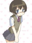  1girl blue_eyes blush brown_hair brown_sweater_vest commentary glasses grey_skirt highres looking_at_viewer ore_no_imouto_ga_konna_ni_kawaii_wake_ga_nai pleated_skirt school_uniform short_hair short_sleeves simple_background skirt smile so_o461 solo standing sweater_vest tamura_manami untranslatable_commentary 