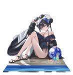  1girl adjusting_eyewear alternate_costume ball bare_shoulders beachball black_bow black_coat black_hair black_one-piece_swimsuit black_sandals blue_archive blue_flower bow braid braided_bun breasts butterfly_hair_ornament cake cake_slice clothing_cutout coat coat_partially_removed covered_navel double_bun eyewear_lift eyewear_on_head flower food frilled_one-piece_swimsuit frills grey_eyes grey_halo hair_between_eyes hair_bun hair_flower hair_ornament halo halterneck holding holding_ball kisaki_(blue_archive) light_blush long_hair looking_at_viewer off-shoulder_one-piece_swimsuit off_shoulder one-piece_swimsuit poolside rosu_1109 sandals side_cutout sitting small_breasts smile solo sunglasses swim_ring swimsuit toes towel tropical_drink twintails very_long_hair white_background 