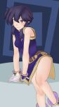  1girl 3d bare_legs belt black_hair blender_(medium) boots bracelet commentary commission commissioner_upload earrings english_commentary fire_emblem fire_emblem:_genealogy_of_the_holy_war gloves highres jewelry larcei_(fire_emblem) purple_tunic short_hair sidelocks simple_background sitting sleeveless smile solo theheat thighs tomboy tunic 