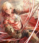  1boy abs arm_tattoo armor blonde_hair blue_gem braid chest_tattoo commission commissioner_upload facial_tattoo gauntlets gem gradient_hair highres holding holding_polearm holding_weapon honkai:_star_rail honkai_(series) iipzeyjhms0dohl jewelry kakitama lance male_focus multicolored_hair muscular muscular_male mydei_(honkai:_star_rail) necklace pauldrons polearm shoulder_armor shoulder_tattoo single_braid single_pauldron skeb_commission tattoo weapon 