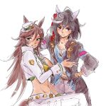 2girls ahoge animal_ears asymmetrical_jacket black_coat black_gloves black_hair black_jacket blue_eyes blue_shirt blush breasts brown_hair closed_mouth coat cropped_jacket ear_covers gloves green_shirt hair_between_eyes hair_ornament hat highres horse_ears horse_girl horse_tail jacket junglespocket katsuragi_ace_(dragon_rising_to_the_top)_(umamusume) katsuragi_ace_(umamusume) long_hair long_sleeves looking_at_viewer midriff mini_hat mini_top_hat mr._c.b._(clear_bliss)_(umamusume) mr._c.b._(umamusume) multicolored_gloves multicolored_hair multiple_girls navel open_mouth pants ponytail shirt smile strapless strapless_shirt streaked_hair tail tassel tassel_hair_ornament top_hat two-tone_gloves umamusume white_hair white_jacket white_pants 