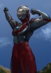  1boy absurdres alien arm_up blue_sky blurry clenched_hands color_timer colored_skin commentary compound_eyes cowboy_shot day depth_of_field dorsal_fin from_below giant giant_male glowing glowing_eyes hand_up highres kintsuba_(kintsuba_08) legs_together looking_up male_focus mountainous_horizon multicolored_skin no_pupils outdoors pectorals red_skin silver_skin sky solo spine standing tokusatsu toned toned_male two-tone_skin ultra_series ultraman ultraman_(1st_series) white_eyes wrinkled_skin 