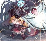  1girl 1other armor armored_boots armored_dress blocking blonde_hair boots bow chibi chloe_(trickcal) commentary_request dress gem holding holding_shield knight moon official_alternate_costume red_bow red_eyes red_gem red_skirt scabbard sebastian_(trickcal) shadow sheath shield shielding skirt sleeveless stone_floor sword tree trickcal twintails weapon x_sd_artech_x 