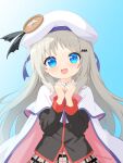  1girl :3 :d bat_hair_ornament beret black_jacket black_ribbon blue_background blue_eyes blush bow bowtie cape clenched_hands commentary cowboy_shot floating_hair grey_hair grey_skirt hair_ornament hands_up happy hat hat_ribbon highres jacket little_busters! little_busters!_school_uniform long_hair looking_at_viewer nana5863390 noumi_kudryavka open_mouth parted_bangs pink_bow pink_bowtie plaid_clothes plaid_skirt ribbon school_uniform sidelighting sidelocks simple_background skirt smile solo tareme twitter_username very_long_hair white_cape white_hat 