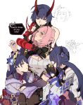  4girls absurdres acheron_(honkai:_star_rail) beliora_vike black_gloves blue_eyes bluesky_username blush breasts bridal_gauntlets cleavage clone_harem closed_mouth commentary cyrene_(demiurge)_(honkai:_star_rail) cyrene_(honkai:_star_rail) elf elysia_(honkai_impact) elysia_(miss_pink_elf)_(honkai_impact) english_commentary english_text genshin_impact gloves hair_ornament highres honkai:_star_rail honkai_(series) honkai_impact_3rd horns hug inoue_marina jacket japanese_clothes kimono large_breasts long_hair long_sleeves looking_at_another mihoyo multiple_girls nail_polish pink_hair pointy_ears purple_bridal_gauntlets purple_eyes purple_hair purple_kimono purple_nails raiden_mei raiden_mei_(herrscher_of_thunder) raiden_shogun red_horns remielle_dan sawashiro_miyuki shirt simple_background smile taking_another's_hand voice_actor_connection white_background white_jacket white_shirt yanning yuri zanqi 