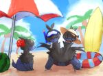  beach blue_sky claws commentary_request deino_(pokemon) dragon fangs hat highres multiple_heads no_humans open_mouth palm_tree panha pokemon pokemon_(creature) pokemon_focus sitting sky sun_hat surfboard tree wings zweilous 