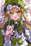  1girl absurdres black_bow black_bowtie black_capelet black_flower black_rose blonde_hair bonnet bow bow_flower bowtie capelet character_doll character_name commentary_request doll dress flower frilled_capelet frilled_dress frilled_sleeves frills green_bonnet green_eyes hair_between_eyes hair_flower hair_ornament highres holding holding_doll holding_needle lolita_fashion long_hair long_sleeves looking_at_viewer mahou_shoujo_no_majo_saiban minchia_(wncm5544) needle open_mouth rose sewing solo tono_hanna tulip twintails upper_body white_flower white_rose white_tulip wide_sleeves winged_hat yellow_flower yellow_rose 