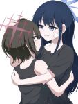  2girls bandaid bandaid_on_face bandaid_on_shoulder bare_arms black_camisole black_hair black_shirt blue_archive blue_eyes blue_hair blue_halo camisole closed_mouth commentary_request eye_contact halo highres hug kenkou1banno1 long_hair looking_at_another misaki_(blue_archive) multiple_girls red_halo saori_(blue_archive) shirt simple_background t-shirt upper_body white_background yuri 