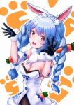  1girl absurdres animal_ear_fluff animal_ears bare_shoulders black_gloves blue_hair braid breasts carrot_hair_ornament commentary_request english_commentary food-themed_hair_ornament gloves hair_ornament highres hololive long_hair looking_at_viewer multicolored_hair open_mouth oreumadesu rabbit-shaped_pupils rabbit_ears rabbit_girl simple_background solo symbol-shaped_pupils teeth twin_braids upper_teeth_only usada_pekora usada_pekora_(1st_costume) virtual_youtuber 