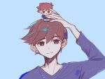 1boy arm_up blue_background blue_sweater brown_eyes brown_hair character_doll closed_mouth commentary_request doll double-parted_bangs ear_piercing hair_between_eyes hero_(faraway)_(omori) hero_(omori) highres holding holding_stuffed_toy long_sleeves looking_at_viewer male_focus omori piercing satsuki_1243 short_hair simple_background smile solo stuffed_toy sweater 
