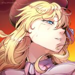  1girl agnes_claudel artist_name beret blonde_hair blue_eyes close-up crying crying_with_eyes_open eiyuu_densetsu english_commentary hair_between_eyes half-closed_eye hat highres kai_no_kiseki kuro_no_kiseki_(series) lens_flare long_hair ninjadalua parted_lips portrait red_hat sidelocks solo streaming_tears tears twitter_username watermark 