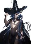  1girl absurdres arknights asymmetrical_gloves black_cape black_dress black_hat black_horns black_pantyhose black_tail blue_eyes blue_hair blurry cape clothing_cutout commentary_request cowboy_shot dress earrings elbow_gloves ermengarde_(arknights) fingerless_gloves gloves hair_over_one_eye hand_on_headwear hat highres horns jewelry long_hair looking_at_viewer multiple_rings one_eye_covered pantyhose parted_lips partial_commentary pink_pupils pointy_ears ring simple_background single_elbow_glove smile solo standing tail tesuryu uneven_gloves white_background witch witch_hat 