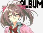  1girl ahoge blush bow bowtie cardigan cone_hair_bun grey_eyes grey_hair hair_bun long_hair looking_at_viewer open_cardigan open_clothes original pink_cardigan shizumu_(404szm) smile solo twintails upper_body 