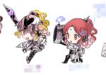  2girls armor blade_brenda blonde_hair cannon cannon_catherine chibi hair_ornament helmet holding holding_cannon magical_girl mahou_shoujo_ikusei_keikaku mahou_shoujo_ikusei_keikaku_aces maruino multiple_girls on_one_knee open_mouth prototype_design purple_eyes red_eyes red_hair short_hair smile sword third-party_source weapon white_background 