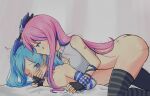  2girls ass breasts commentary covering_another's_mouth cowgirl_position english_commentary fingerless_gloves futa_with_female futanari girl_on_top gloves hatsune_miku highres hikarikiiro holding_hands implied_futanari megurine_luka multiple_girls nude sex straddling thighs vocaloid 