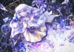  1girl 4ikur0 arcaea bare_shoulders book braid cape charon_(arcaea) closed_mouth collar commentary_request detached_collar dress floating floating_book floating_object frilled_collar frills full_body hair_ornament highres lagrange_(arcaea) layered_dress long_hair looking_at_viewer low-tied_sidelocks monocle neck_ribbon outstretched_hand purple_background purple_eyes purple_hair purple_ribbon ribbon side_cape sidelocks single_off_shoulder smile solo white_cape yellow_dress 