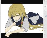  1girl art_program_in_frame back_bow black_skirt black_vest blonde_hair bow braid closed_mouth commentary_request hair_bow highres kirisame_marisa letterboxed long_hair looking_at_viewer missing_headwear puffy_short_sleeves puffy_sleeves sei_(sei_ha1) short_sleeves side_braid single_braid skirt smile solo touhou vest white_bow yellow_eyes 