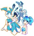  1girl android blue_hair blue_skirt breasts colored_skin humanization humanoid_robot jenny_wakeman joints looking_at_viewer metal_skin mrsremi multiple_persona my_life_as_a_teenage_robot robot robot_girl robot_joints skirt smile solo twintails white_skin 