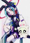  1boy ? absurdres alternate_costume animal_costume animal_ears aqua_eyes black_bow black_bowtie black_gloves black_shorts black_socks black_vest blue_hair bow bowtie collared_shirt commentary_request con_(fate) earrings eyeshadow fake_animal_ears fate/grand_order fate_(series) feet_out_of_frame gloves green_eyes green_hair hairband halo head_rest highres jewelry leg_tattoo long_hair long_sleeves looking_at_viewer makeup male_focus nao_oppaisukiii partial_commentary ponytail rabbit_costume rabbit_ears red_eyeshadow shirt shorts simple_background sitting socks speech_bubble spoken_question_mark taisui_xingjun_(fate) tattoo thigh_strap very_long_hair vest white_background white_shirt 