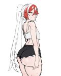  1girl absurdres alternate_costume ass black_shorts breasts commentary dolphin_shorts fu_hua fu_hua_(fenghuang_of_vicissitude) highres honkai_(series) honkai_impact_3rd imkay_3 long_hair multicolored_hair red_eyes red_hair shorts simple_background small_breasts solo tank_top two-tone_hair very_long_hair white_background white_hair white_tank_top 