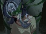  1girl alien_stage blue_eyes bound commentary covered_eyes crow_nii english_text genshin_impact highres long_hair odette_(genshin_impact) scene_reference shirt smile solo subtitled zombie_stage 