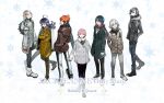  1girl 6+boys ahoge androgynous black_gloves black_pants blonde_hair blue_eyes blue_pants blue_shirt brown_gloves closed_mouth coat collared_shirt crossed_arms down_jacket english_text full_body gloves green_coat green_eyes grey_eyes grey_hair grey_jacket grey_pants hair_ornament hairclip highres hood hood_down hooded_jacket jack_jeanne jacket long_hair multiple_boys mutsumi_kai neji_kokuto official_art open_clothes open_coat orimaki_suzu pants parallel_hairclips pink_hair purple_hair red_eyes red_hair shirota_mitsuki shirt short_hair snowflakes standing tachibana_kisa takashina_sarafumi white_background white_coat white_hair winter_clothes yellow_coat yellow_eyes yonaga_soshiro 