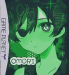  1boy alt_text black_eyes black_hair black_tank_top blush closed_mouth collarbone commentary copyright_name double-parted_bangs english_commentary english_text green_theme hair_between_eyes highres labo_9696 light_bulb looking_at_viewer male_focus omori omori_(omori) short_hair solo tank_top 