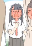  >_< 3girls black_hair blush breasts brown_skirt closed_eyes collared_shirt commentary_request curtains dress_shirt full-face_blush hair_bun hand_up juukyuu long_hair multiple_girls necktie open_mouth original pleated_skirt red_necktie school_uniform shirt short_sleeves skirt small_breasts solid_circle_eyes sweat trembling very_long_hair wavy_mouth white_shirt window 