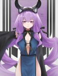  1girl absurdres alternate_costume arknights arknights:_endfield bare_shoulders black_hairband black_horns black_sleeves blue_dress breasts center_opening cleavage closed_mouth commentary detached_sleeves dress english_commentary film_grain full_cleavage hairband highres horns large_breasts long_hair long_sleeves looking_at_viewer medium_breasts pink_eyes purple_hair rexy_newbie sleeveless sleeveless_dress solo split_mouth typhoeus_(arknights) typhon_(arknights) very_long_hair 