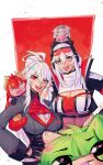  2girls absurdres ahoge black_gloves blue_eyes boutsoftheblind breasts cleavage commentary cropped_jacket english_commentary general_geega general_geega_(inquisitor) gloves grey_hair grey_jacket grey_shirt heterochromia highres jacket large_breasts looking_at_viewer multiple_girls open_mouth pointy_ears ponytail power_symbol-shaped_pupils red_eyes shirt sidelocks symbol-shaped_pupils tongue tongue_out underbust virtual_youtuber vshojo yellow_eyes zentreya zentreya_(cyborg) zentreya_(cyborg)_(zen_2.0) 