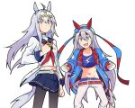  2girls animal_ears black_pantyhose blue_jacket blue_skirt blush clenched_hand clenched_hands closed_mouth commentary cowboy_shot cowlick english_commentary fang fingerless_gloves gloves hair_between_eyes highres horse_ears horse_girl horse_tail jacket long_hair long_sleeves looking_at_viewer midriff multiple_girls navel neckerchief oguri_cap_(starlight_beat)_(umamusume) oguri_cap_(umamusume) open_clothes open_jacket open_mouth pants pantyhose red_neckerchief sidelocks simple_background skirt tail tamamo_cross_(fast_as_lightning)_(umamusume) tamamo_cross_(umamusume) tirasumiii umamusume white_background white_gloves white_hair white_pants 