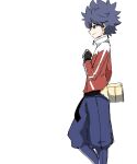  1boy absurdres black_eyes black_gloves black_hair bright_pupils commentary fingerless_gloves from_side gloves grin hand_up highres holding holding_poke_ball hugh_(pokemon) jacket long_sleeves male_focus matsuokalive10 pants poke_ball poke_ball_(basic) pokemon pokemon_black_2_and_white_2 red_jacket short_hair simple_background smile solo standing white_background white_pupils zipper_pull_tab 