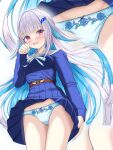  1girl ades_clus aqua_panties belt blue_dress blue_flower blue_panties blue_rose blue_skirt blunt_bangs bow bow_panties breasts collarbone colored_inner_hair commentary_request commission crotch_seam dress floating_clothes floral_print floral_print_panties flower hair_ornament highres lize_helesta lize_helesta_(school_uniform) long_sleeves looking_at_viewer multicolored_hair multiple_views neck_ribbon nijisanji open_mouth panties pantyshot pink_eyes print_panties raised_inner_eyebrows ribbon rose rose_print skeb_commission skirt solo underwear variant_set virtual_youtuber wavy_mouth wind wind_lift 