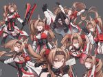  1girl ^_^ angelina_(arknights) angelina_the_mellow_wish_(arknights) arknights arm_up armpits arms_up artist_name black_collar black_gloves black_hairband black_thighhighs blush breasts brown_eyes brown_hair clenched_teeth closed_eyes collar commentary curly_hair detached_sleeves dress gloves grey_background grin hairband highres holding holding_letter holding_staff infection_monitor_(arknights) letter long_hair looking_at_viewer multiple_views official_alternate_costume okukin_07 open_mouth revision simple_background sleeveless sleeveless_dress small_breasts smile staff teeth thighhighs twintails very_long_hair waving white_dress white_sleeves 