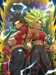  2girls abs absurdres aura black_hair black_pants body_fur brown_jacket chest_sarashi clenched_hands closed_mouth commentary commission cropped_jacket cropped_shirt crossed_arms dragon_ball dragon_ball_super dual_persona earrings electricity english_commentary eyelashes green_eyes green_hair highres horang4628 jacket jewelry kefla_(dragon_ball) long_hair looking_at_viewer monkey_tail multiple_girls muscular muscular_female open_clothes open_jacket pants red_fur red_tail sarashi shirt smile spiked_hair standing super_saiyan super_saiyan_2 super_saiyan_4 tail topless_female twitter_username watermark yellow_eyes 
