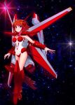  1girl absurdres arm_guards armor armored_boots artist_name asteli bad_deviantart_id bad_id blue_eyes boots breastplate brown_hair closed_mouth commentary english_commentary full_body galaxy gloves guardic_gaiden headgear high_heel_boots high_heels highres knee_boots leotard looking_at_viewer mecha_musume mechanical_wings red_armor short_hair shoulder_pads smile solo space standing strapless strapless_leotard system_d.p. thrusters white_gloves white_leotard wings 