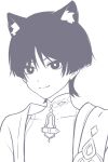  1boy animal_ear_fluff animal_ears blunt_ends bodysuit cat_boy cat_ears closed_mouth commentary covered_collarbone eyeliner genshin_impact greyscale highres japanese_clothes kimono looking_at_viewer makeup male_focus mandarin_collar monochrome open_clothes open_kimono pingfanhh portrait red_eyeliner scaramouche_(genshin_impact) shoulder_peek side_cape smile solo split_mouth spot_color tsurime untranslatable_commentary wanderer_(genshin_impact) white_background wispy_bangs wolf_cut 