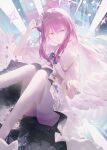  1girl angel_wings blue_archive blue_bow bow capelet commentary crescent dress feathered_wings feet_out_of_frame flower frilled_dress frills hair_bun hair_flower hair_ornament halo highres knees_up long_hair looking_at_viewer low_wings mika_(blue_archive) pantyhose parted_lips pink_hair pink_halo scrunchie single_side_bun sla2h_help solo thighband_pantyhose very_long_hair white_capelet white_dress white_pantyhose white_wings wing_ornament wings yellow_eyes 