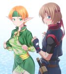  black_gloves black_shirt black_shorts black_vest blue_eyes blush brown_hair capelet commentary_request elf embarrassed fingerless_gloves gensou_suikoden gensou_suikoden_iv gloves green_capelet green_eyes green_shirt green_skirt hairband ham_pon highres lazlo_(suikoden) long_pointy_ears looking_at_viewer looking_back ocean orange_hair paula_(suikoden) pointy_ears red_hairband shirt short_hair shorts skirt sweat sword vest water weapon wet wet_clothes 