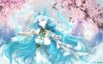 1girl blue_eyes blue_hair breasts commentary dress earrings fiery_horns forehead_tattoo hair_ornament hair_stick highres horns jewelry large_breasts leashuu long_hair looking_at_viewer open_mouth qingxiao_(wuthering_waves) solo star-shaped_pupils star_(symbol) symbol-shaped_pupils tattoo untranslatable_commentary upper_body white_dress wuthering_waves yellow_pupils 
