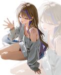  030_bv 1girl absurdres ahoge airi_kanna arm_at_side bare_legs black_bra blush body_markings bra breasts brown_hair cleavage commentary_request foreshortening from_side full_body grey_sweater grey_tail hair_intakes hand_up highres jewelry korean_commentary looking_at_viewer looking_to_the_side medium_breasts multicolored_hair no_pants no_shoes off-shoulder_sweater off_shoulder open_hand open_mouth print_sweater purple_eyes purple_streaks ring single_bare_shoulder single_off_shoulder sitting smile socks solo stellive streaked_hair sweater swept_bangs underwear virtual_youtuber white_background white_socks yokozuwari zoom_layer 