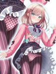  1girl ades_clus black_pantyhose blue_eyes bow bow_panties breasts commentary_request commission crotch_seam floating_clothes green_bow hair_ornament highres long_sleeves looking_at_viewer medium_hair nijisanji open_mouth panties panties_under_pantyhose pantyhose pantyshot pink_panties polka_dot polka_dot_panties raised_inner_eyebrows skeb_commission solo star_(symbol) striped_clothes striped_thighhighs suzuhara_lulu suzuhara_lulu_(1st_costume) thighhighs underwear vertical-striped_clothes vertical-striped_thighhighs virtual_youtuber white_bow wind wind_lift 