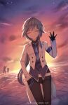  3girls artist_name black_gloves black_hair black_pants black_shirt bronya_zaychik chinese_commentary closed_eyes closed_mouth cloud cloudy_sky collared_shirt commentary_request dated fu_hua fu_hua_(night_squire) gloves hand_in_pocket highres honkai_(series) honkai_impact_3rd huijiang_monster jacket kiana_kaslana multiple_girls outdoors pants ponytail shirt sky smile star_(sky) starry_sky sunset white_jacket 