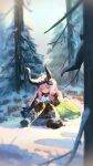  1girl absurdres arknights arknights:_endfield black_horns book boots bug butterfly civilizedyapper closed_eyes commentary english_commentary forest framed_breasts hairband halftone highres holding holding_book holding_pencil horns knees_together_feet_apart long-ear_(arknights) nature outdoors pencil purple_hair sitting sleeping snow tail thighhighs tree typhoeus_(arknights) typhon_(arknights) 